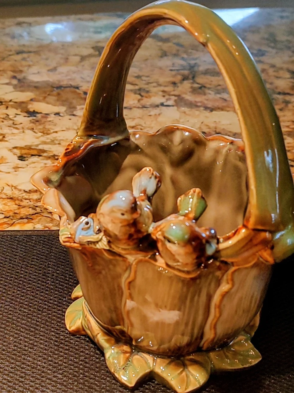 Hand-Painted Ceramic Bird Basket - Green and Brown Home Art